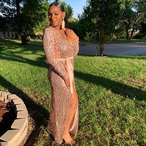 Gold, sequined, belted dress w/ daring thigh split